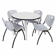 42 IN. ROUND BREAKROOM TABLE- WHITE TOP, CHROME BASE & 4 M STACK CHAIRS- GREY <FONT COLOR=GREEN>-FREE SHIPPING-</FONT>