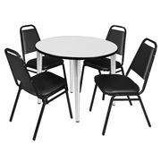 42 IN. ROUND BREAKROOM TABLE- WHITE TOP, CHROME BASE & 4 RESTAURANT STACK CHAIRS- BLACK <FONT COLOR=GREEN>-FREE SHIPPING-</FONT>