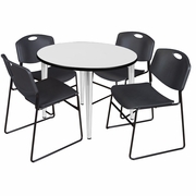 42 IN. ROUND BREAKROOM TABLE- WHITE TOP, CHROME BASE & 4 STACK CHAIRS- BLACK <FONT COLOR=GREEN>-FREE SHIPPING-</FONT>