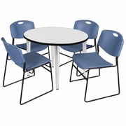 42 IN. ROUND BREAKROOM TABLE- WHITE TOP, CHROME BASE & 4 STACK CHAIRS- BLUE <FONT COLOR=GREEN>-FREE SHIPPING-</FONT>