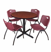 42 IN. ROUND X-BASE BREAKROOM TABLE- CHERRY & 4 M STACK CHAIRS- BURGUNDY <FONT COLOR=GREEN>-FREE SHIPPING-</FONT>