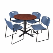 42 IN. ROUND X-BASE BREAKROOM TABLE- CHERRY & 4 STACK CHAIRS- BLUE <FONT COLOR=GREEN>-FREE SHIPPING-</FONT>
