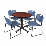 42 IN. ROUND X-BASE BREAKROOM TABLE- CHERRY, 4 STACK CHAIRS- BLUE <FONT COLOR=GREEN>-FREE SHIPPING-</FONT>