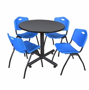 42 IN. ROUND X-BASE BREAKROOM TABLE- GREY, 4 M STACK CHAIRS- BLUE <FONT COLOR=GREEN>-FREE SHIPPING-</FONT>