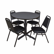 42 IN. ROUND X-BASE BREAKROOM TABLE- GREY & 4 RESTAURANT STACK CHAIRS- BLACK <FONT COLOR=GREEN>-FREE SHIPPING-</FONT>