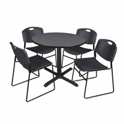 42 IN. ROUND X-BASE BREAKROOM TABLE- GREY & 4 STACK CHAIRS- BLACK <FONT COLOR=GREEN>-FREE SHIPPING-</FONT>