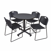 42 IN. ROUND X-BASE BREAKROOM TABLE- GREY, 4 STACK CHAIRS- BLACK <FONT COLOR=GREEN>-FREE SHIPPING-</FONT>