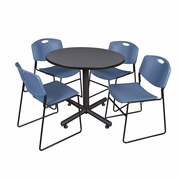 42 IN. ROUND X-BASE BREAKROOM TABLE- GREY, 4 STACK CHAIRS- BLUE <FONT COLOR=GREEN>-FREE SHIPPING-</FONT>