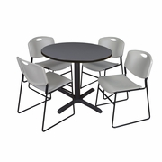 42 IN. ROUND X-BASE BREAKROOM TABLE- GREY & 4 STACK CHAIRS- GREY <FONT COLOR=GREEN>-FREE SHIPPING-</FONT>