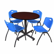 42 IN. ROUND X-BASE BREAKROOM TABLE- MAHOGANY, 4 M STACK CHAIRS- BLUE <FONT COLOR=GREEN>-FREE SHIPPING-</FONT>