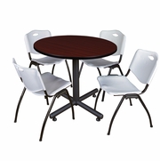 42 IN. ROUND X-BASE BREAKROOM TABLE- MAHOGANY, 4 M STACK CHAIRS- GREY <FONT COLOR=GREEN>-FREE SHIPPING-</FONT>