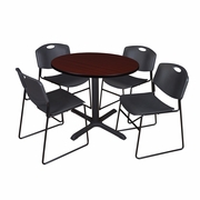 42 IN. ROUND X-BASE BREAKROOM TABLE- MAHOGANY & 4 STACK CHAIRS- BLACK <FONT COLOR=GREEN>-FREE SHIPPING-</FONT>