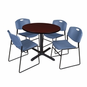 42 IN. ROUND X-BASE BREAKROOM TABLE- MAHOGANY & 4 STACK CHAIRS- BLUE <FONT COLOR=GREEN>-FREE SHIPPING-</FONT>