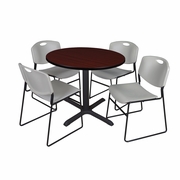 42 IN. ROUND X-BASE BREAKROOM TABLE- MAHOGANY & 4 STACK CHAIRS- GREY <FONT COLOR=GREEN>-FREE SHIPPING-</FONT>