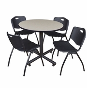 42 IN. ROUND X-BASE BREAKROOM TABLE- MAPLE, 4 M STACK CHAIRS- BLACK <FONT COLOR=GREEN>-FREE SHIPPING-</FONT>