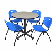 42 IN. ROUND X-BASE BREAKROOM TABLE- MAPLE, 4 M STACK CHAIRS- BLUE <FONT COLOR=GREEN>-FREE SHIPPING-</FONT>