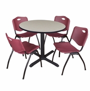 42 IN. ROUND X-BASE BREAKROOM TABLE- MAPLE & 4 M STACK CHAIRS- BURGUNDY <FONT COLOR=GREEN>-FREE SHIPPING-</FONT>