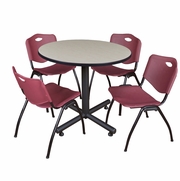 42 IN. ROUND X-BASE BREAKROOM TABLE- MAPLE, 4 M STACK CHAIRS- BURGUNDY <FONT COLOR=GREEN>-FREE SHIPPING-</FONT>