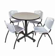 42 IN. ROUND X-BASE BREAKROOM TABLE- MAPLE, 4 M STACK CHAIRS- GREY <FONT COLOR=GREEN>-FREE SHIPPING-</FONT>