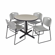 42 IN. ROUND X-BASE BREAKROOM TABLE- MAPLE & 4 STACK CHAIRS- GREY <FONT COLOR=GREEN>-FREE SHIPPING-</FONT>