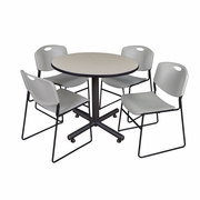 42 IN. ROUND X-BASE BREAKROOM TABLE- MAPLE, 4 STACK CHAIRS- GREY <FONT COLOR=GREEN>-FREE SHIPPING-</FONT>