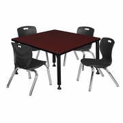 42 IN. SQUARE ADJUSTABLE CLASSROOM TABLE- MAHOGANY & 4 ANDY 12 IN. STACK CHAIRS- BLACK <FONT COLOR=GREEN>-FREE SHIPPING-</FONT>