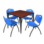 42 IN. SQUARE BREAKROOM TABLE- CHERRY TOP, BLACK BASE & 4 M STACK CHAIRS- BLUE <FONT COLOR=GREEN>-FREE SHIPPING-</FONT>