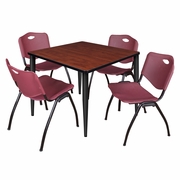 42 IN. SQUARE BREAKROOM TABLE- CHERRY TOP, BLACK BASE & 4 M STACK CHAIRS- BURGUNDY <FONT COLOR=GREEN>-FREE SHIPPING-</FONT>