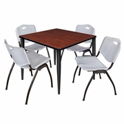 42 IN. SQUARE BREAKROOM TABLE- CHERRY TOP, BLACK BASE & 4 M STACK CHAIRS- GREY <FONT COLOR=GREEN>-FREE SHIPPING-</FONT>