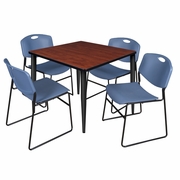 42 IN. SQUARE BREAKROOM TABLE- CHERRY TOP, BLACK BASE & 4 STACK CHAIRS- BLUE <FONT COLOR=GREEN>-FREE SHIPPING-</FONT>