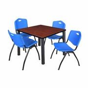 42 IN SQUARE BREAKROOM TABLE- CHERRY TOP, BLACK LEGS, 4 M STACK CHAIRS- BLUE <FONT COLOR=GREEN>-FREE SHIPPING-</FONT>