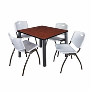 42 IN SQUARE BREAKROOM TABLE- CHERRY TOP, BLACK LEGS, 4 M STACK CHAIRS- GREY <FONT COLOR=GREEN>-FREE SHIPPING-</FONT>