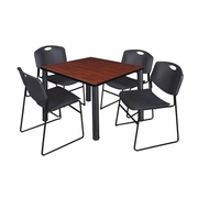 42 IN SQUARE BREAKROOM TABLE- CHERRY TOP, BLACK LEGS, 4 STACK CHAIRS- BLACK <FONT COLOR=GREEN>-FREE SHIPPING-</FONT>