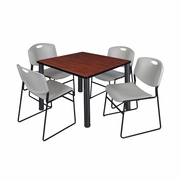 42 IN SQUARE BREAKROOM TABLE- CHERRY TOP, BLACK LEGS, 4 STACK CHAIRS- GREY <FONT COLOR=GREEN>-FREE SHIPPING-</FONT>