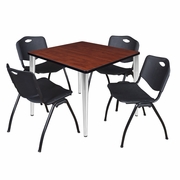 42 IN. SQUARE BREAKROOM TABLE- CHERRY TOP, CHROME BASE & 4 M STACK CHAIRS- BLACK <FONT COLOR=GREEN>-FREE SHIPPING-</FONT>