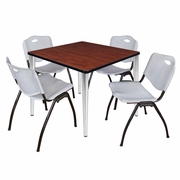 42 IN. SQUARE BREAKROOM TABLE- CHERRY TOP, CHROME BASE & 4 M STACK CHAIRS- GREY <FONT COLOR=GREEN>-FREE SHIPPING-</FONT>
