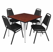 42 IN. SQUARE BREAKROOM TABLE- CHERRY TOP, CHROME BASE & 4 RESTAURANT STACK CHAIRS- BLACK <FONT COLOR=GREEN>-FREE SHIPPING-</FONT>
