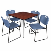 42 IN. SQUARE BREAKROOM TABLE- CHERRY TOP, CHROME BASE & 4 STACK CHAIRS- BLUE <FONT COLOR=GREEN>-FREE SHIPPING-</FONT>