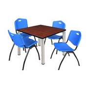 42 IN SQUARE BREAKROOM TABLE- CHERRY TOP, CHROME LEGS, 4 M STACK CHAIRS- BLUE <FONT COLOR=GREEN>-FREE SHIPPING-</FONT>