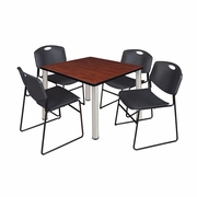 42 IN SQUARE BREAKROOM TABLE- CHERRY TOP, CHROME LEGS, 4 STACK CHAIRS- BLACK <FONT COLOR=GREEN>-FREE SHIPPING-</FONT>