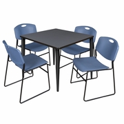 42 IN. SQUARE BREAKROOM TABLE- GREY TOP, BLACK BASE & 4 STACK CHAIRS- BLUE <FONT COLOR=GREEN>-FREE SHIPPING-</FONT>