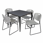 42 IN. SQUARE BREAKROOM TABLE- GREY TOP, BLACK BASE & 4 STACK CHAIRS- GREY <FONT COLOR=GREEN>-FREE SHIPPING-</FONT>