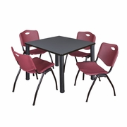 42 IN SQUARE BREAKROOM TABLE- GREY TOP, BLACK LEGS, 4 M STACK CHAIRS- BURGUNDY <FONT COLOR=GREEN>-FREE SHIPPING-</FONT>