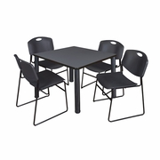 42 IN SQUARE BREAKROOM TABLE- GREY TOP, BLACK LEGS, 4 STACK CHAIRS- BLACK <FONT COLOR=GREEN>-FREE SHIPPING-</FONT>