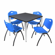 42 IN. SQUARE BREAKROOM TABLE- GREY TOP, CHROME BASE & 4 M STACK CHAIRS- BLUE <FONT COLOR=GREEN>-FREE SHIPPING-</FONT>