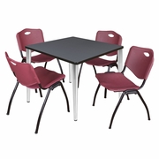 42 IN. SQUARE BREAKROOM TABLE- GREY TOP, CHROME BASE & 4 M STACK CHAIRS- BURGUNDY <FONT COLOR=GREEN>-FREE SHIPPING-</FONT>