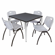 42 IN. SQUARE BREAKROOM TABLE- GREY TOP, CHROME BASE & 4 M STACK CHAIRS- GREY <FONT COLOR=GREEN>-FREE SHIPPING-</FONT>