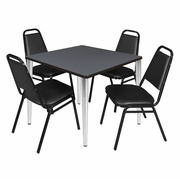 42 IN. SQUARE BREAKROOM TABLE- GREY TOP, CHROME BASE & 4 RESTAURANT STACK CHAIRS- BLACK <FONT COLOR=GREEN>-FREE SHIPPING-</FONT>