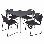 42 IN. SQUARE BREAKROOM TABLE- GREY TOP, CHROME BASE & 4 STACK CHAIRS- BLACK <FONT COLOR=GREEN>-FREE SHIPPING-</FONT>