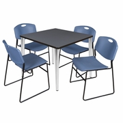 42 IN. SQUARE BREAKROOM TABLE- GREY TOP, CHROME BASE & 4 STACK CHAIRS- BLUE <FONT COLOR=GREEN>-FREE SHIPPING-</FONT>